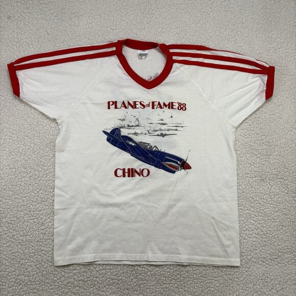 Vtg Planes of Fame 1988 Airshow Ringer T-Shirt Single Stitch Chino P-40 Warhawk - Picture 1 of 6